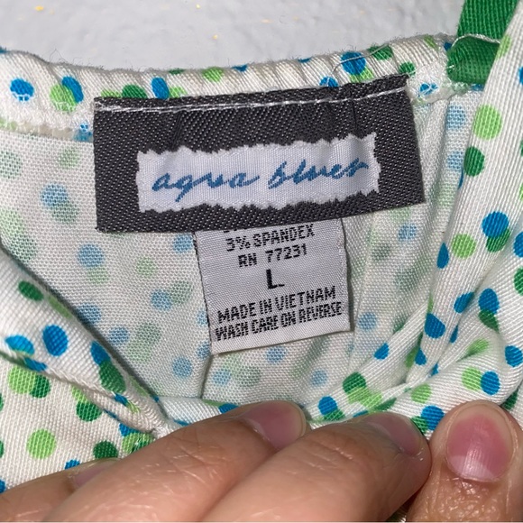 Vintage 90s Aqua Blues Green, blue Polka Dot Sleeveless Bow Accent Dress - Picture 2 of 7